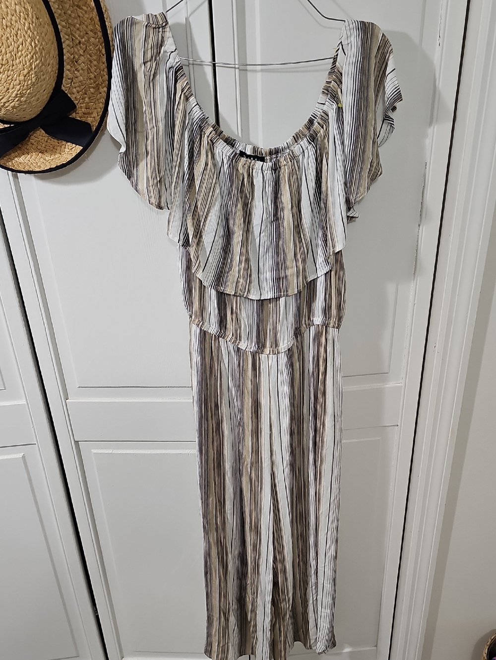Tribal Vertical Stripe Off-Shoulder Top in Cream, Black & Tan